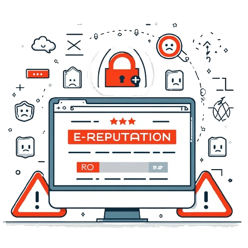 Écran d'ordinateur affichant la gestion de l'e-réputation avec des icônes de sécurité
