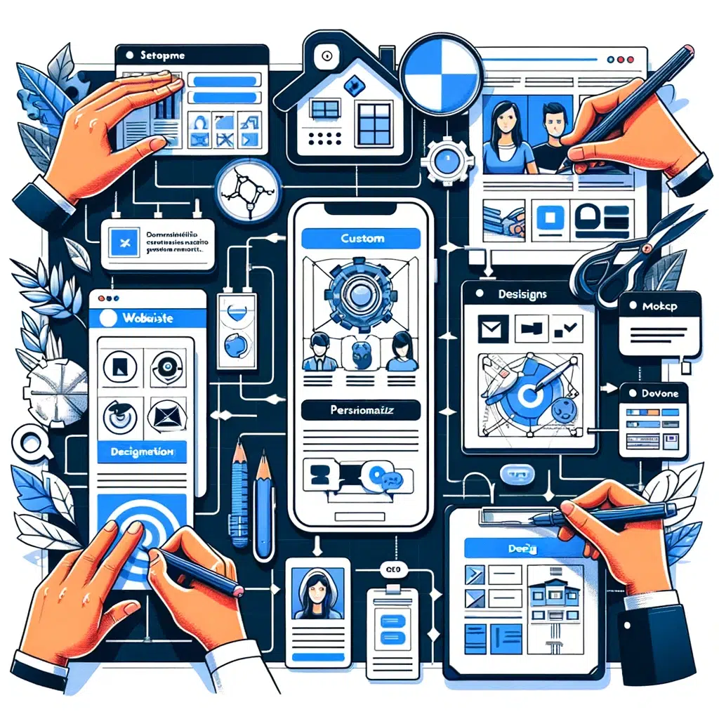 Illustration détaillée du processus de création de site web sur mesure avec des maquettes, des plans de site et des schémas de conception