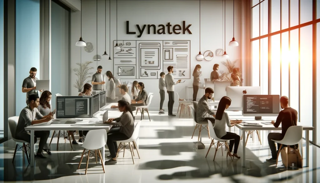 Bureau moderne chez Lynatek, agence de création de site web, avec des employés travaillant sur des projets