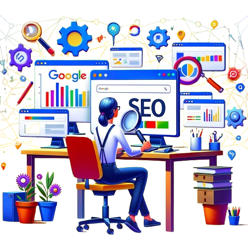 Expert SEO travaillant sur l'optimisation de sites web avec plusieurs écrans affichant des graphiques et des analyses