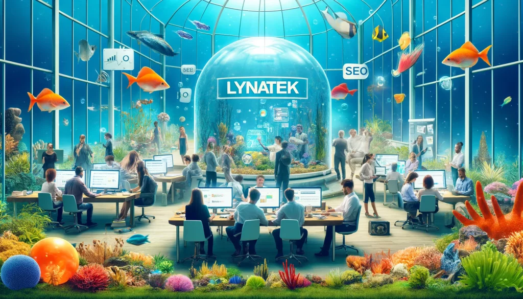 Salle de travail créative chez Lynatek, agence projet web, avec des employés et des éléments aquatiques